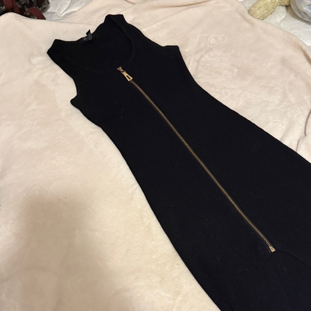 Revamped Black Midi Dress with Gold Zipper
